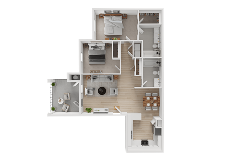 Floor plan for 2 beds, 2 baths, 1042 sqft